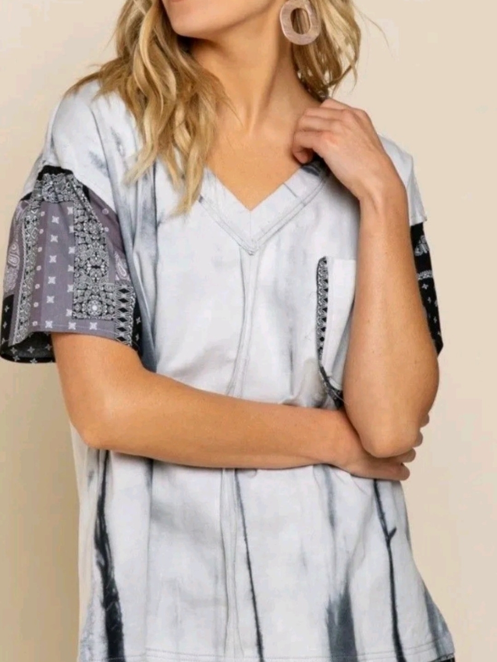 POL Casual V-Neck Tie-Dye Pocket Tee with Bandana Sleeve Detail